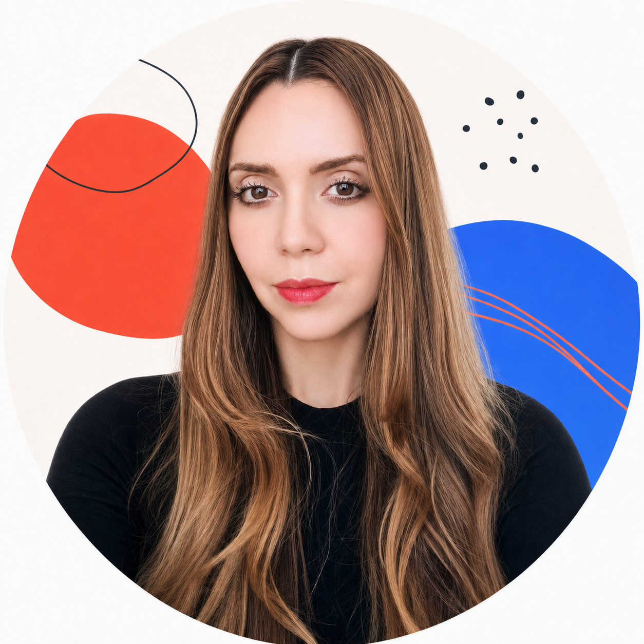 Eva Hernandez against a playful coral, cobalt, and ink background